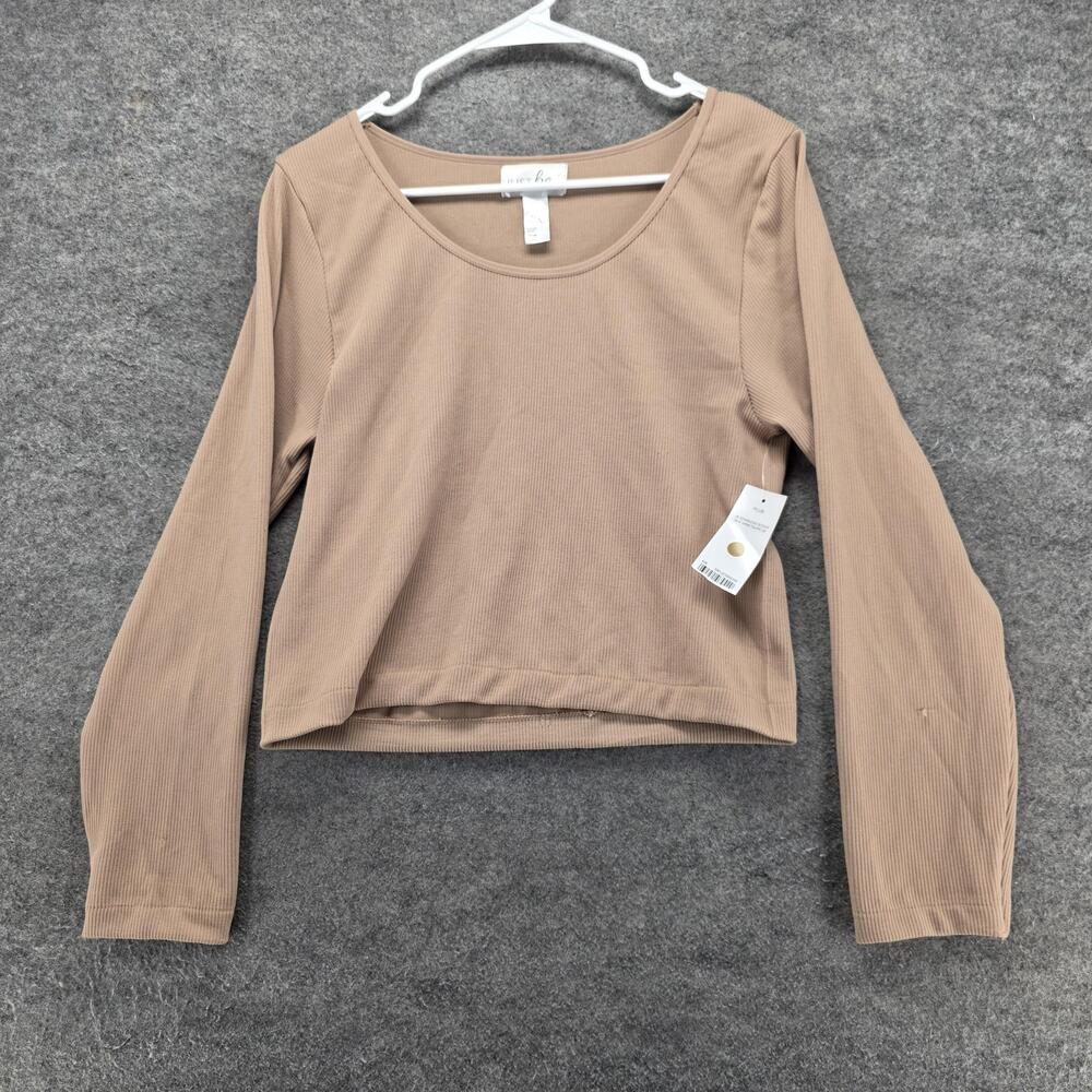 Just Be T-Shirt Womens 2X Beige Cropped Scoop Neck Long Sleeve Slim Seamless